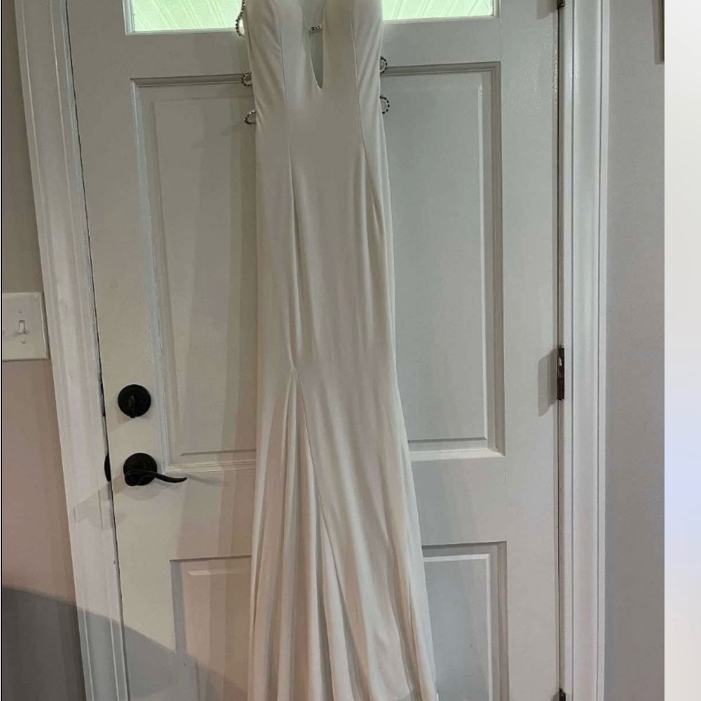 Jovani White Ruched Plunge Gown